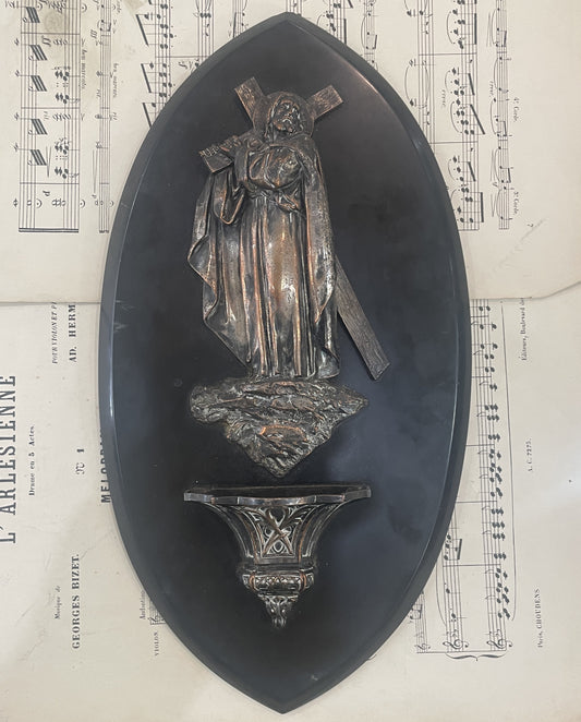 Rare Large Antique French Black Onyx & Bronze Holy Water Font Jesus Cross c1880