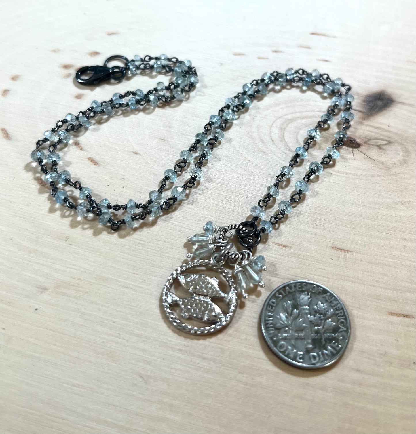 Pisces zodiac charm necklace with aquamarine sterling silver
