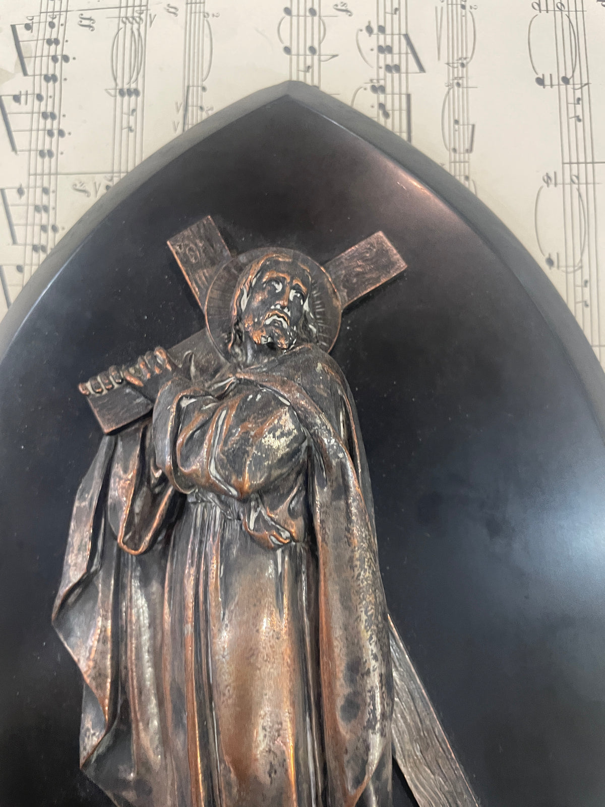 Rare Large Antique French Black Onyx & Bronze Holy Water Font Jesus Cross c1880