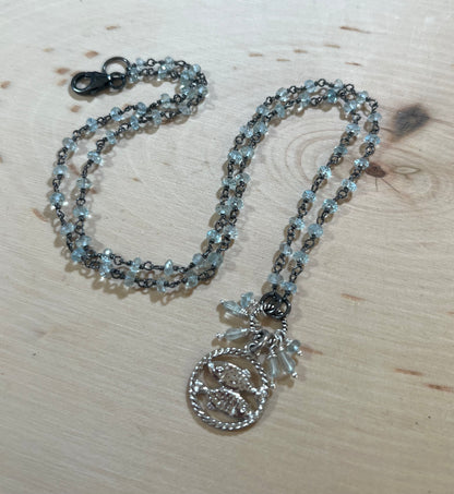 Pisces zodiac charm necklace with aquamarine sterling silver