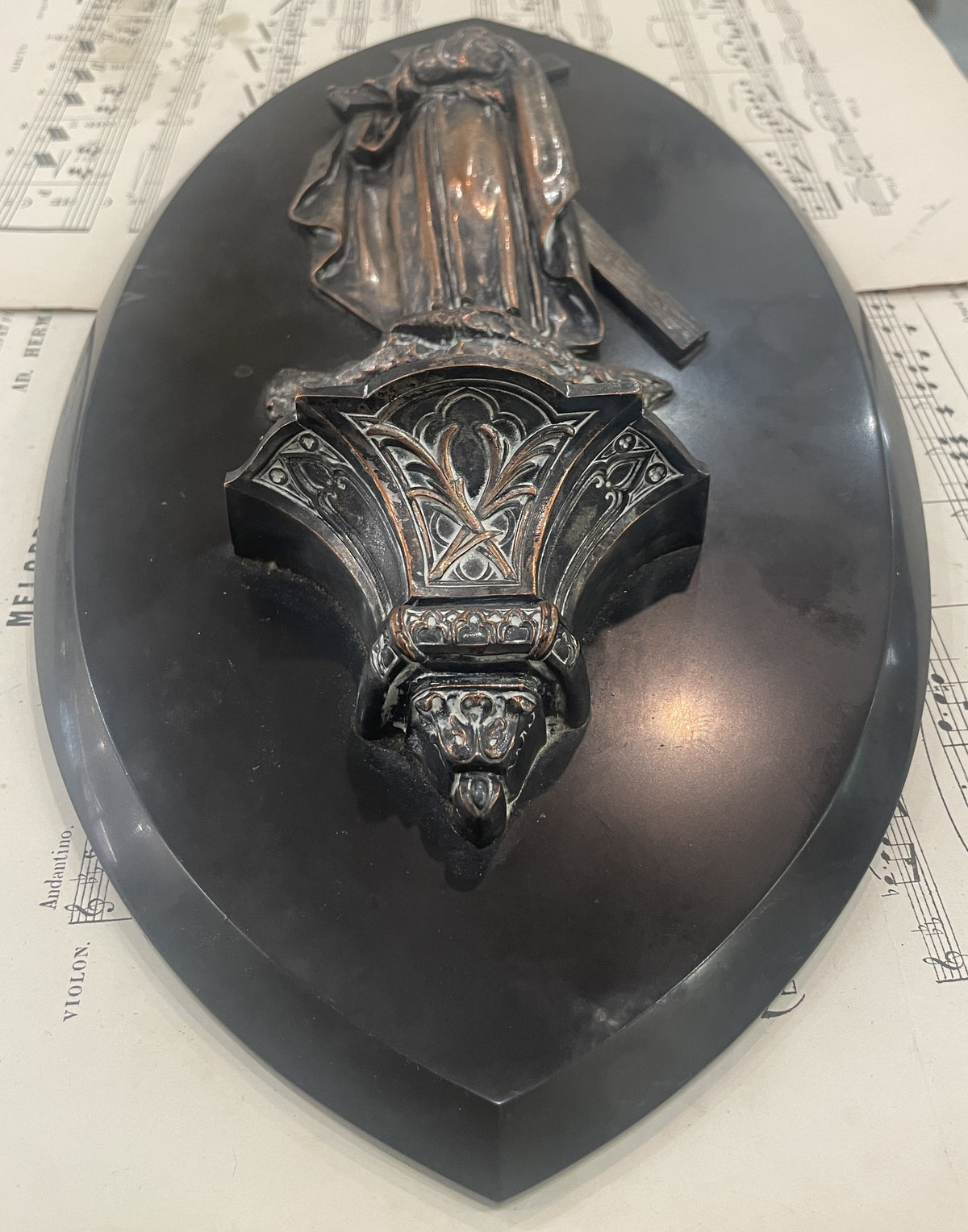Rare Large Antique French Black Onyx & Bronze Holy Water Font Jesus Cross c1880