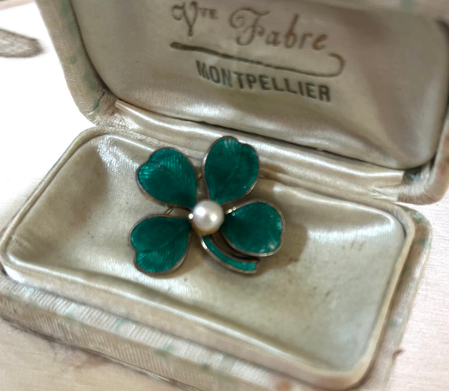 Vintage Enameled Guilloche goldwash over silver clover brooch  c1950