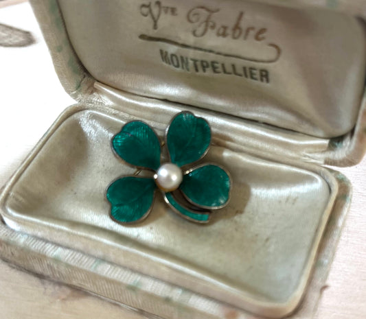 Vintage Enameled Guilloche goldwash over silver clover brooch  c1950