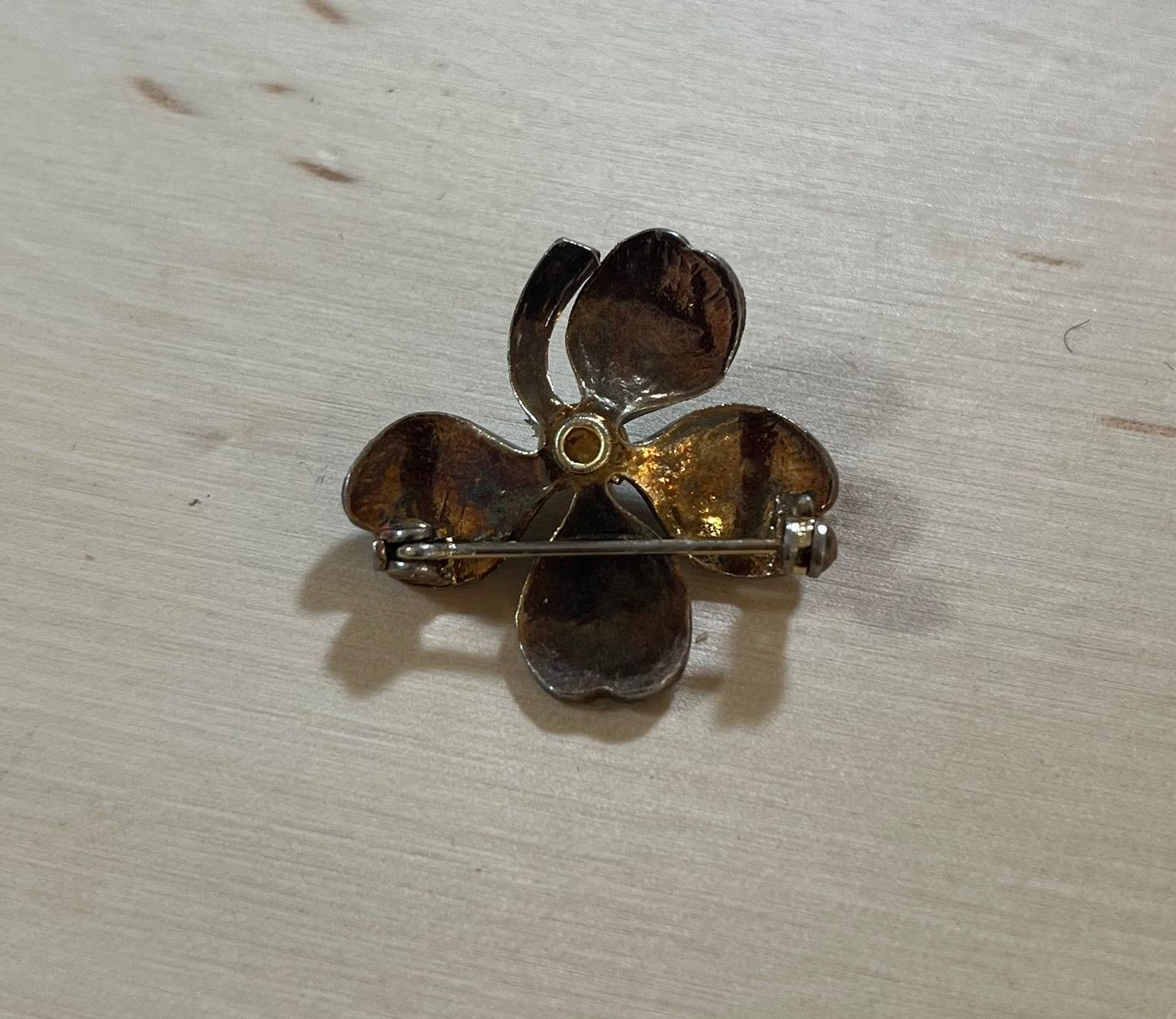 Vintage Enameled Guilloche goldwash over silver clover brooch  c1950