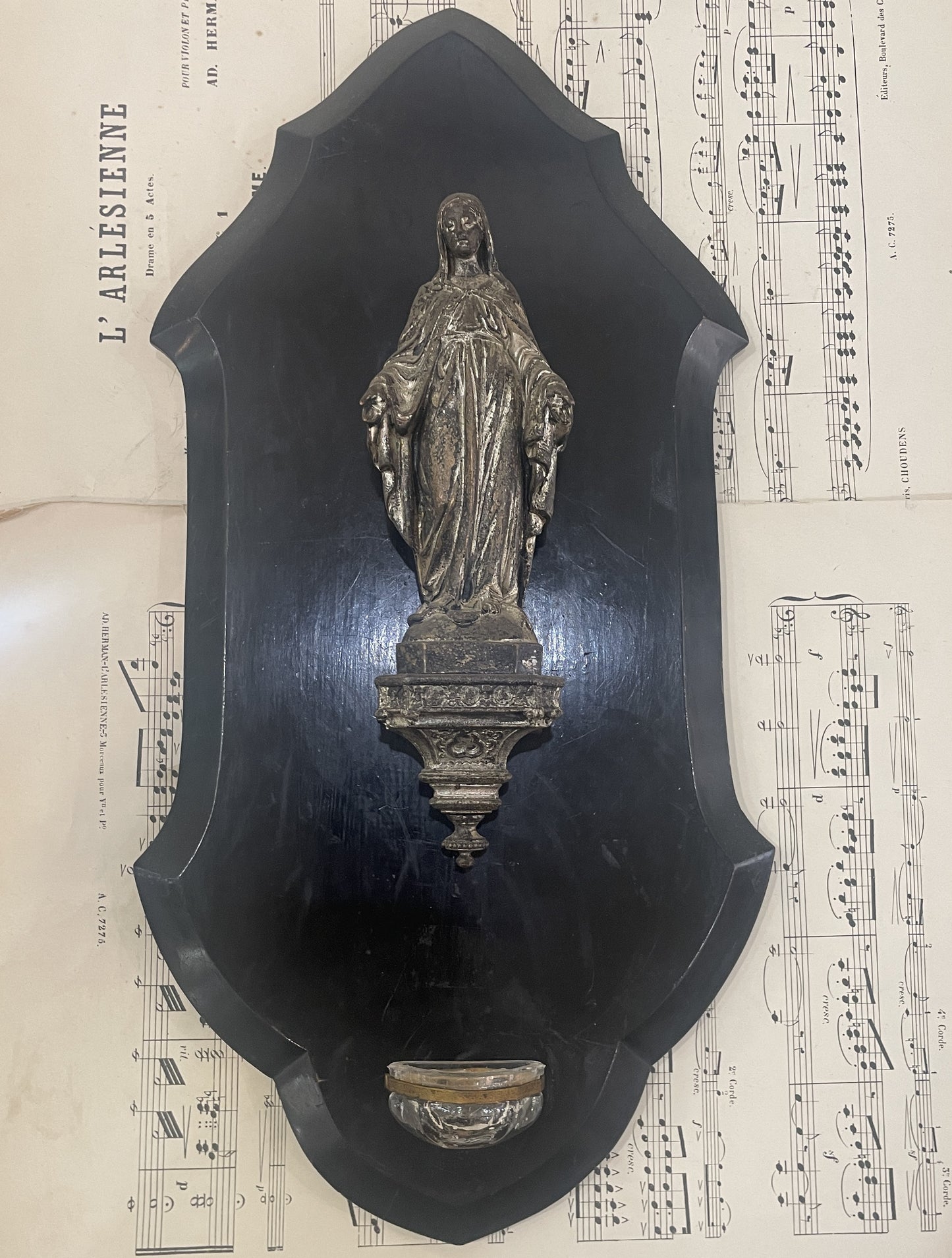 Rare Large Antique French Wooden Holy Water Font Miraculous Madonna c1900