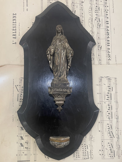 Rare Large Antique French Wooden Holy Water Font Miraculous Madonna c1900