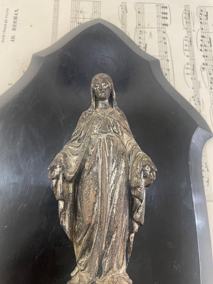 Rare Large Antique French Wooden Holy Water Font Miraculous Madonna c1900