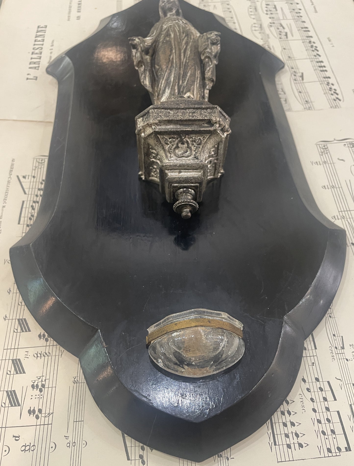 Rare Large Antique French Wooden Holy Water Font Miraculous Madonna c1900