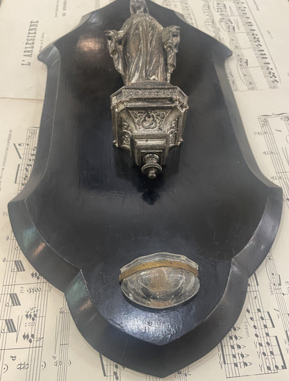 Rare Large Antique French Wooden Holy Water Font Miraculous Madonna c1900