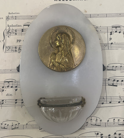 Antique French Holy Water Font Virgin Mary Signed c1920