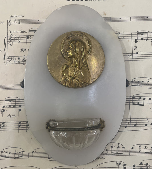 Antique French Holy Water Font Virgin Mary Signed c1920