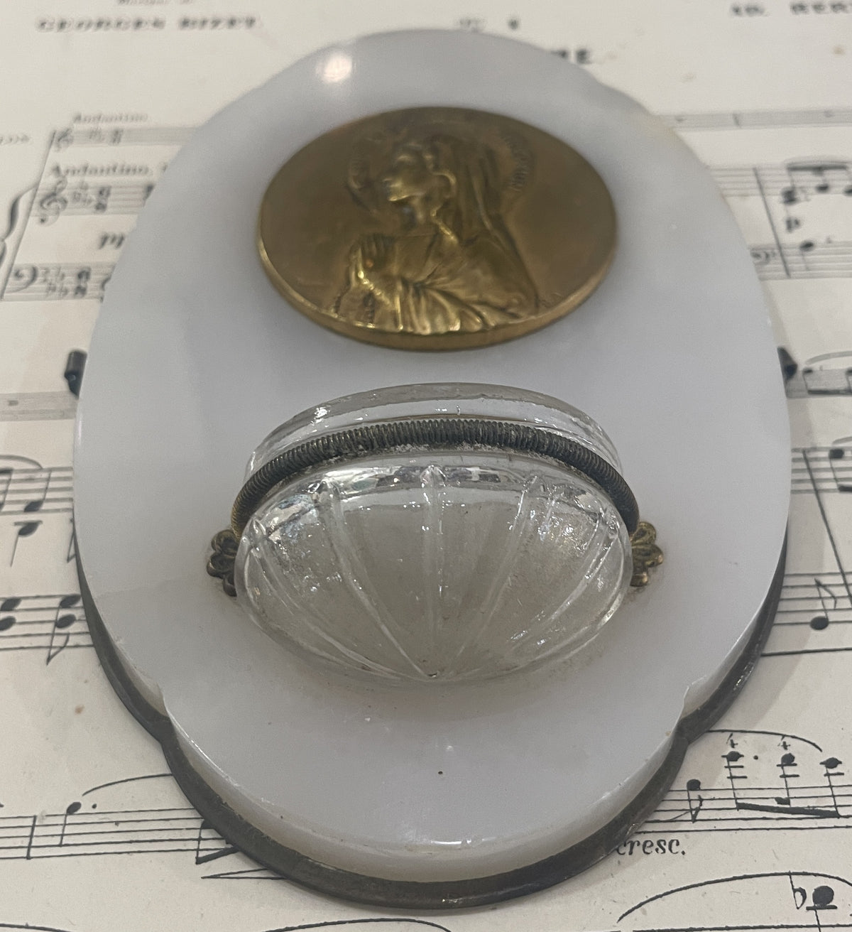 Antique French Holy Water Font Virgin Mary Signed c1920