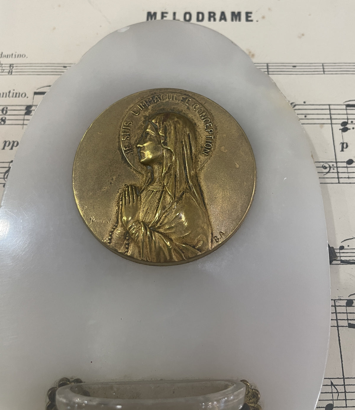 Antique French Holy Water Font Virgin Mary Signed c1920