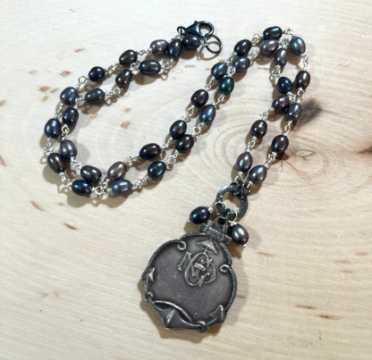 Vintage Notre Dame de La Garde medal necklace with freshwater pearls and sterling silver