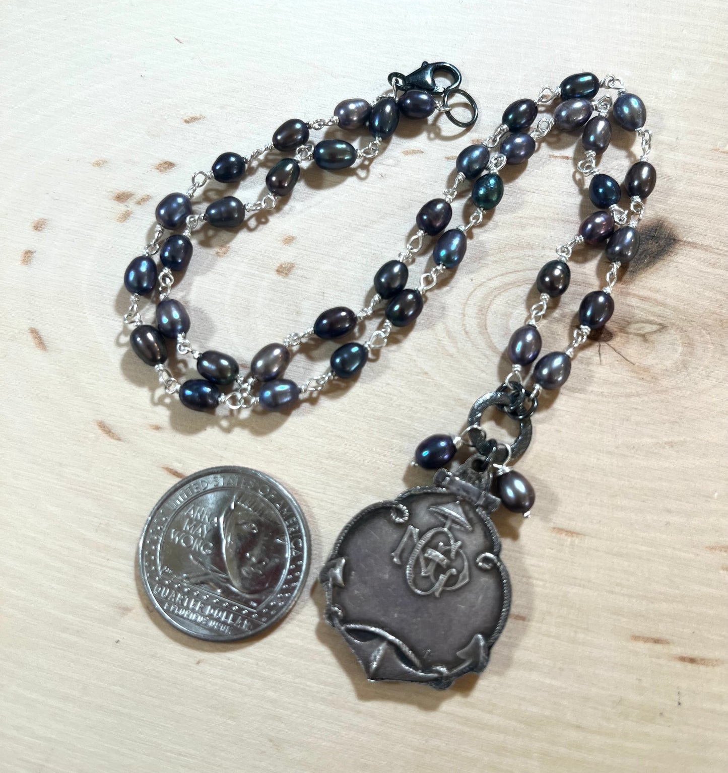 Vintage Notre Dame de La Garde medal necklace with freshwater pearls and sterling silver