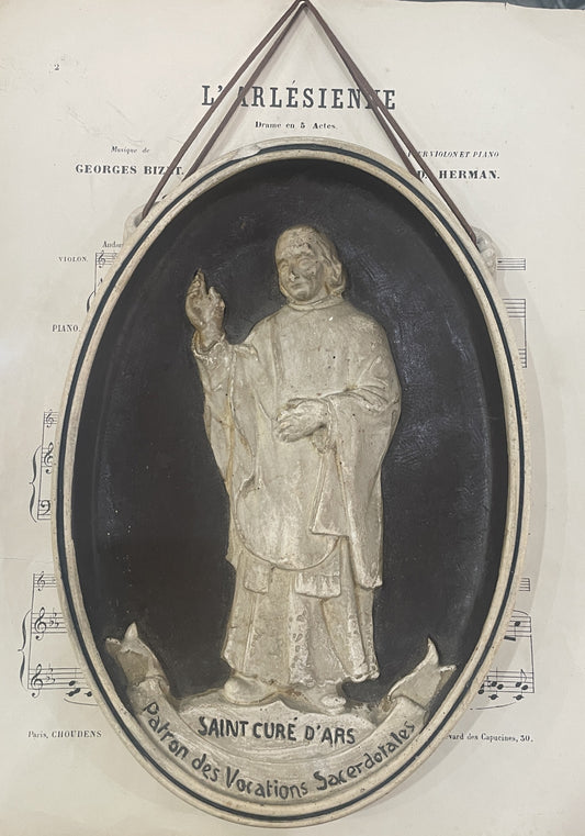 Antique French St. John Vianney Plaster Wall Piece c1900