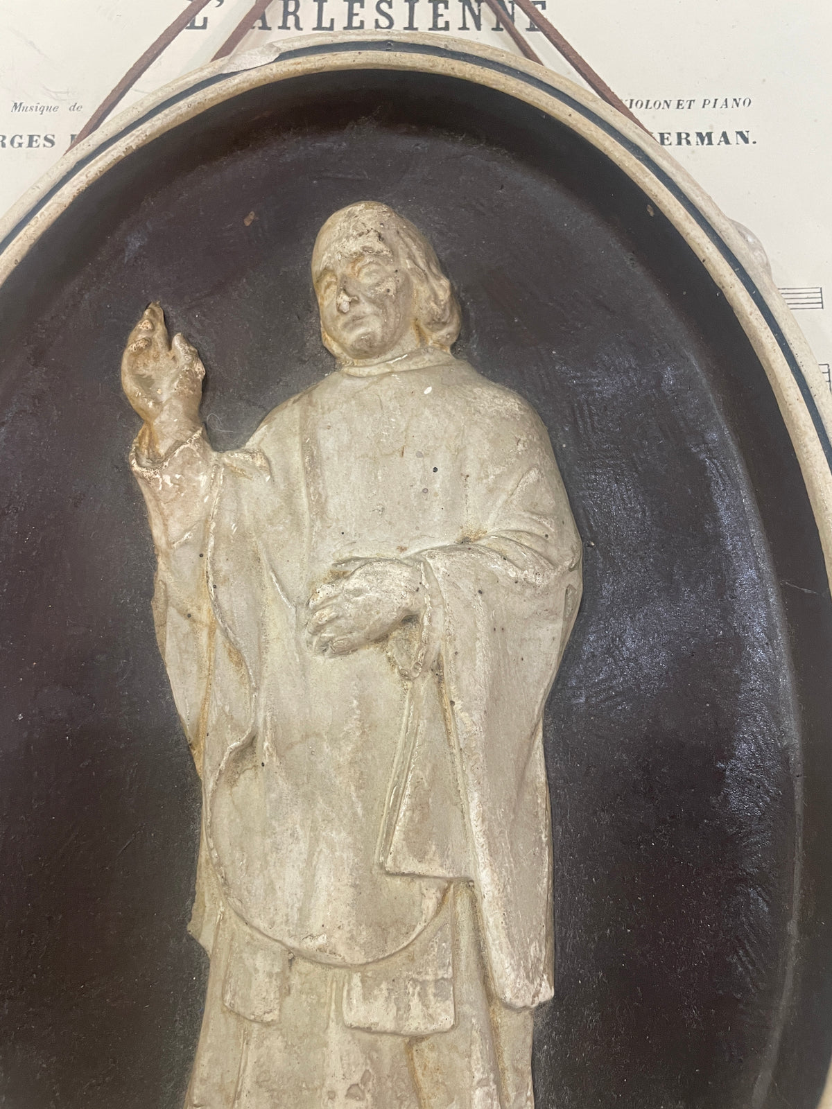 Antique French St. John Vianney Plaster Wall Piece c1900