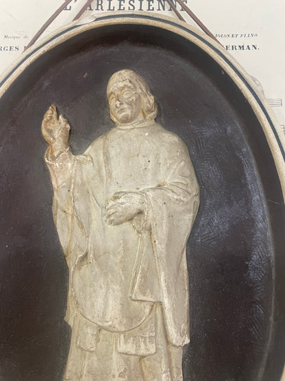 Antique French St. John Vianney Plaster Wall Piece c1900