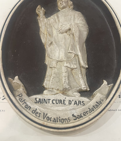 Antique French St. John Vianney Plaster Wall Piece c1900