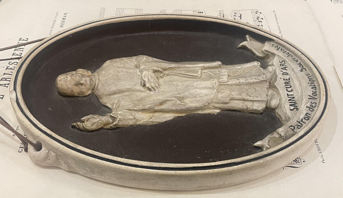 Antique French St. John Vianney Plaster Wall Piece c1900