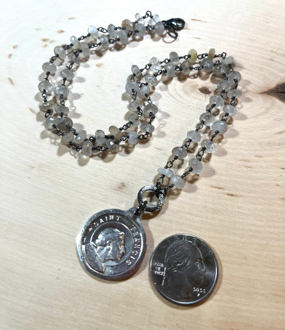 Vintage Saint Francis/Saint Anthony necklace with rutilated quartz