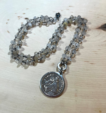 Vintage Saint Francis/Saint Anthony necklace with rutilated quartz