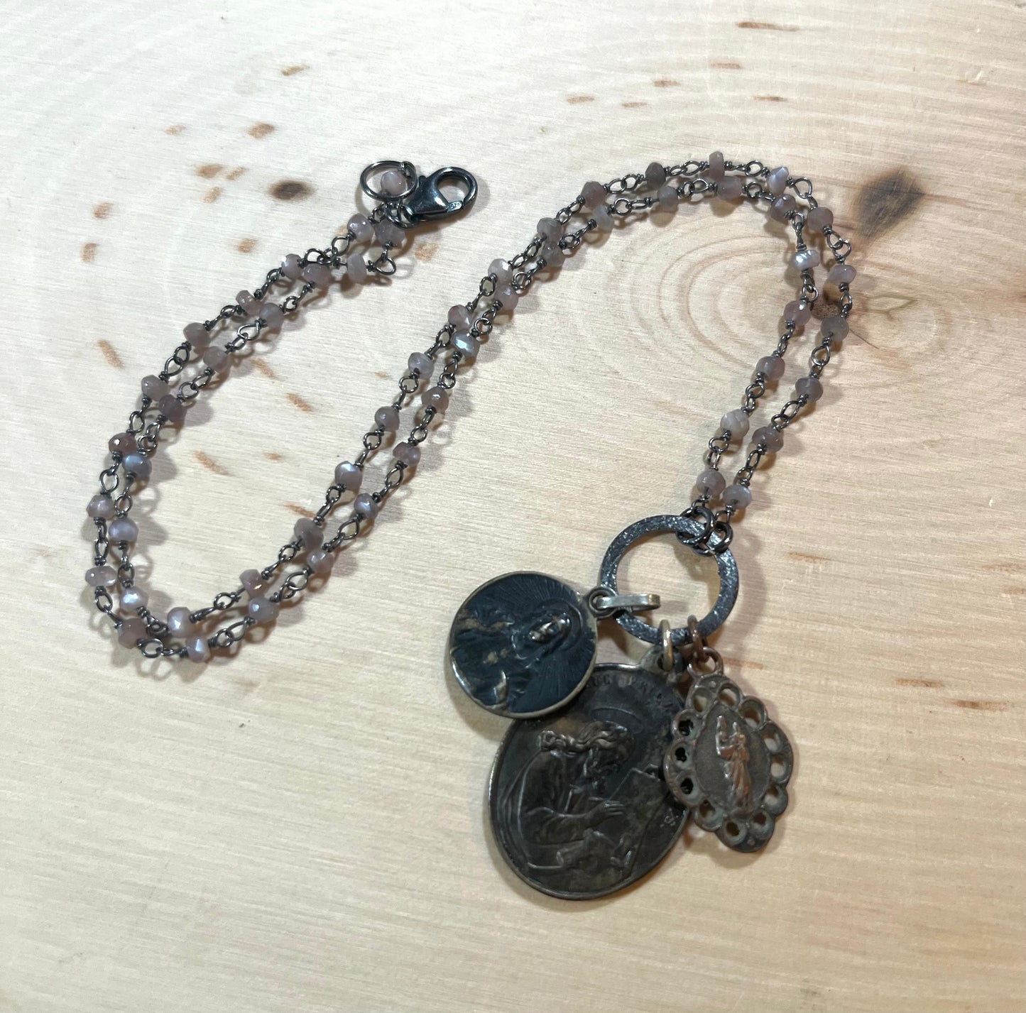 Vintage Bronze Medals with Moonstone necklace