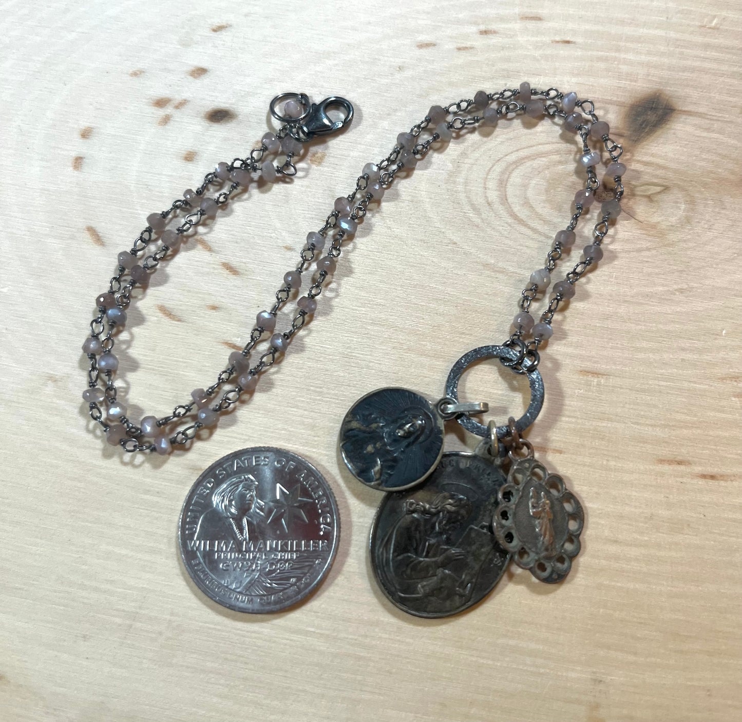 Vintage Bronze Medals with Moonstone necklace
