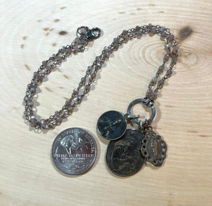 Vintage Bronze Medals with Moonstone necklace