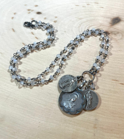 Vintage Saint Theresa and moonstone necklace