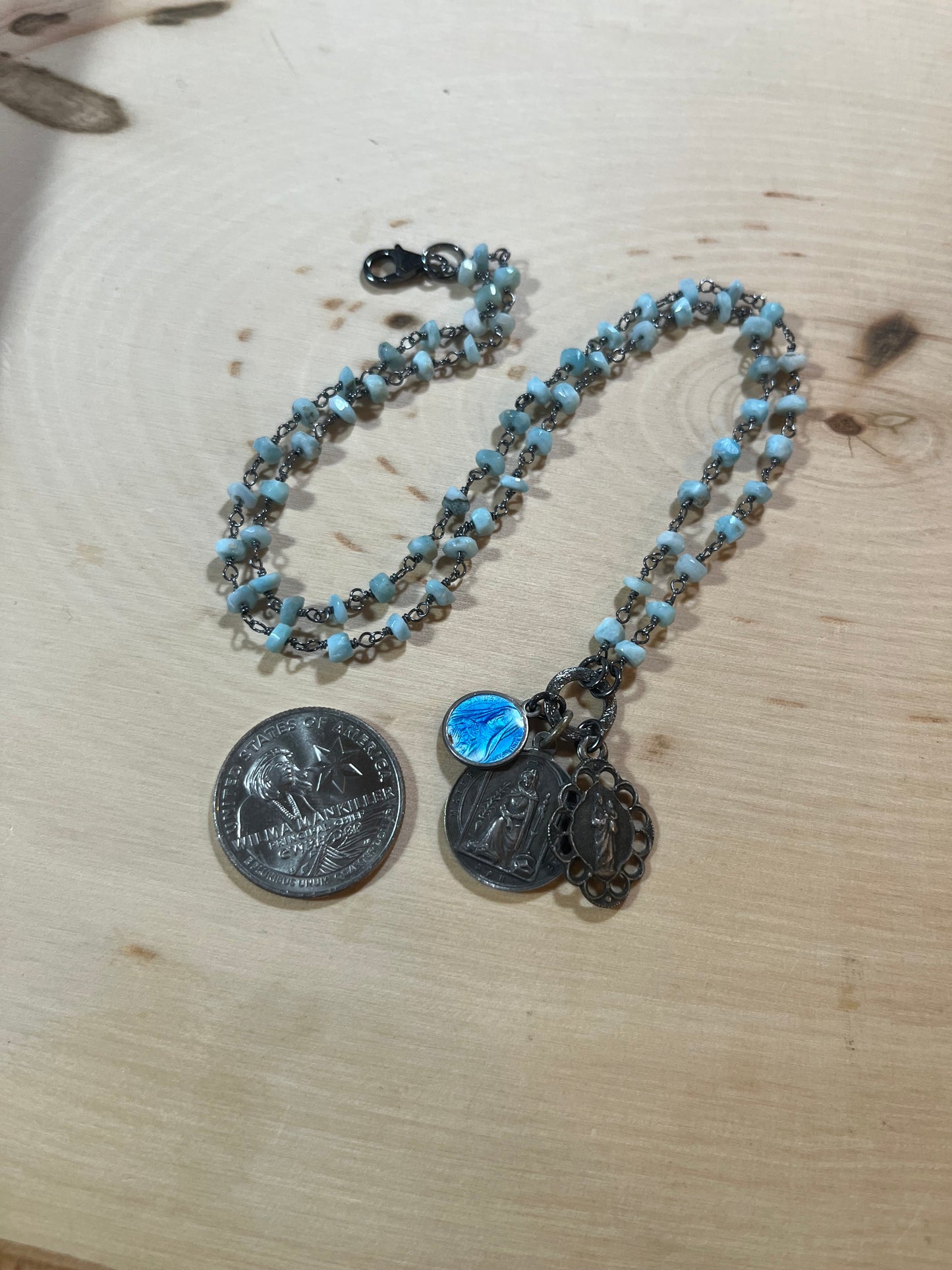Vintage Saint Philomena necklace with larimar