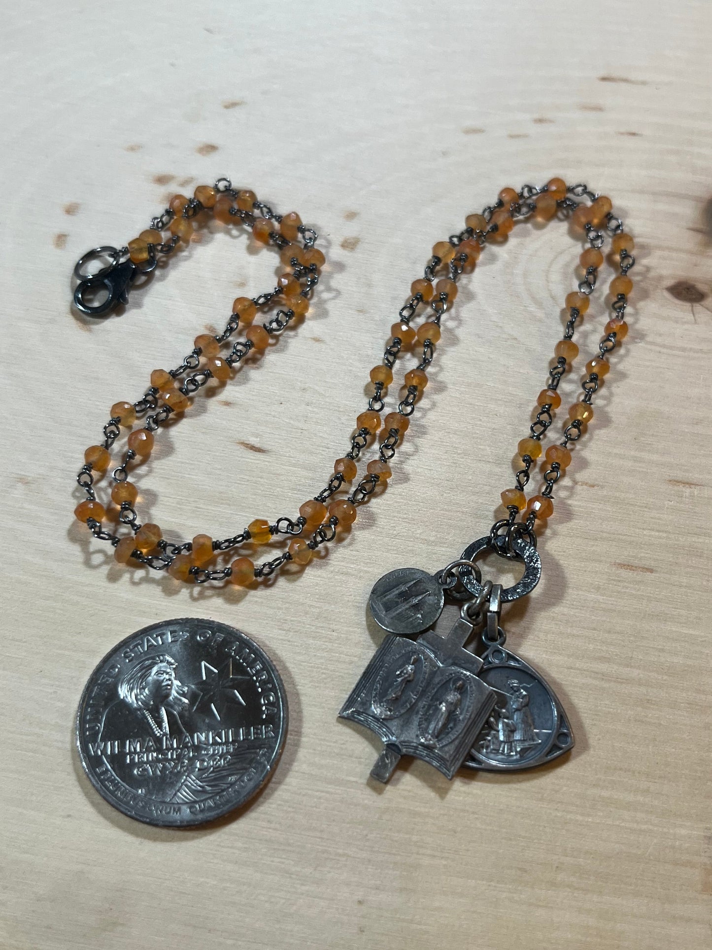 Vintage Mary and Jesus necklace with carnelian