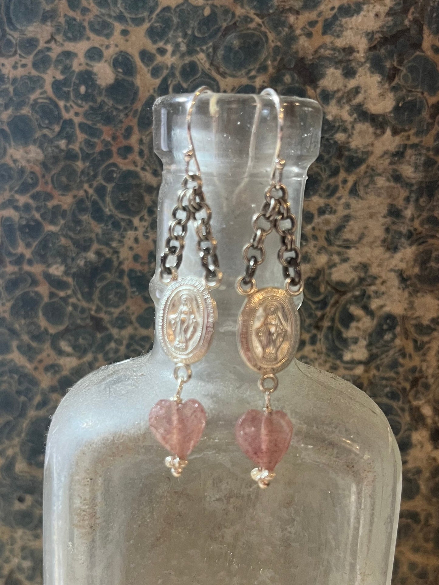 Sterling Miraculous Mary earrings with strawberry quartz hearts