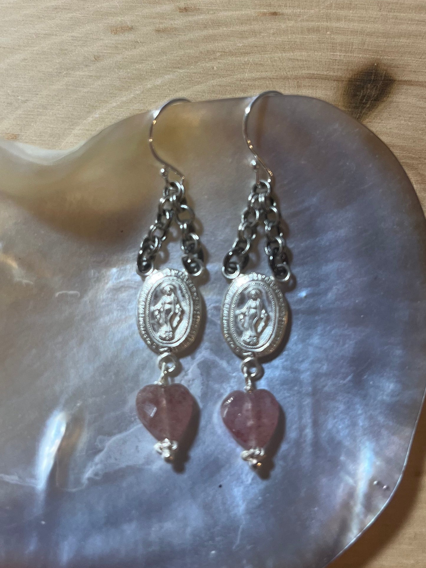 Sterling Miraculous Mary earrings with strawberry quartz hearts