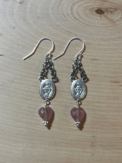 Sterling Miraculous Mary earrings with strawberry quartz hearts