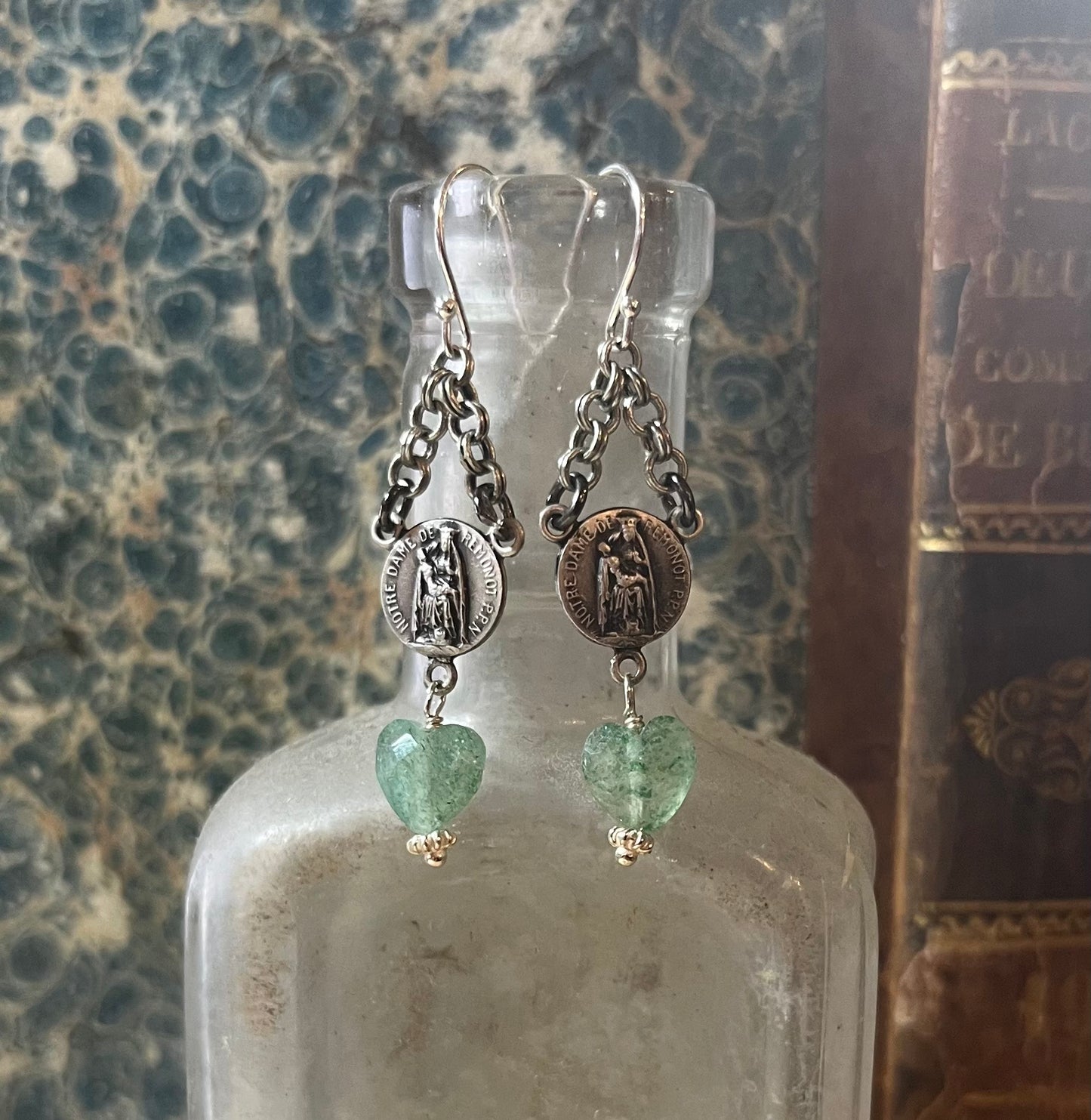 Vintage Mary earrings with moss quartz hearts