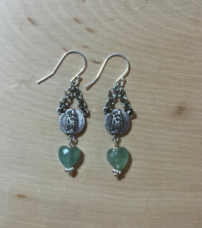 Vintage Mary earrings with moss quartz hearts