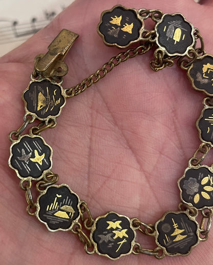 Antique Japanese Shakudo Inlaid Damascene Bracelet c1920