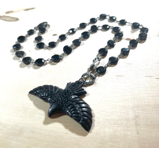 Carved Horn Raven/Crow Necklace with tourmaline RESERVED for Isabella