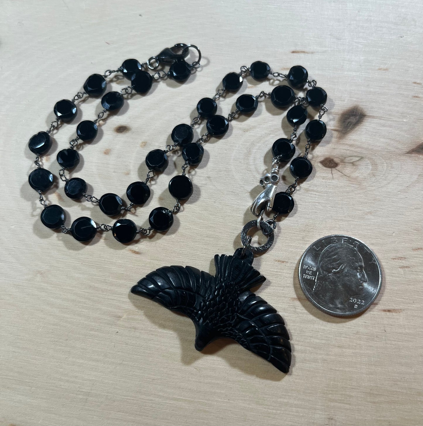 Carved Horn Raven/Crow Necklace with tourmaline RESERVED for Isabella