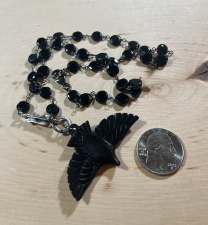 Carved Horn Raven/Crow Necklace with tourmaline RESERVED for Isabella