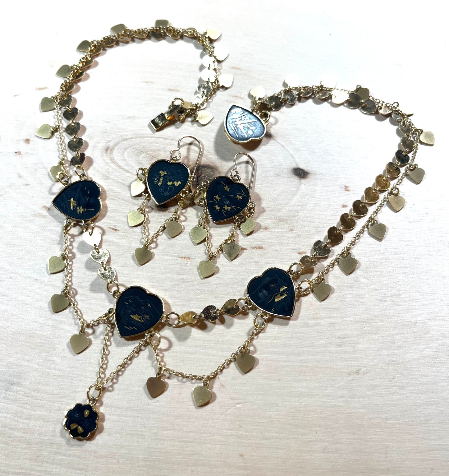Vintage Japanese Black Heart and 24k Inlay Necklace and Earrings Set