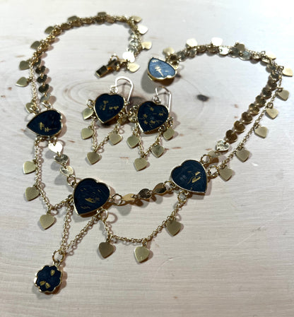 Vintage Japanese Black Heart and 24k Inlay Necklace and Earrings Set