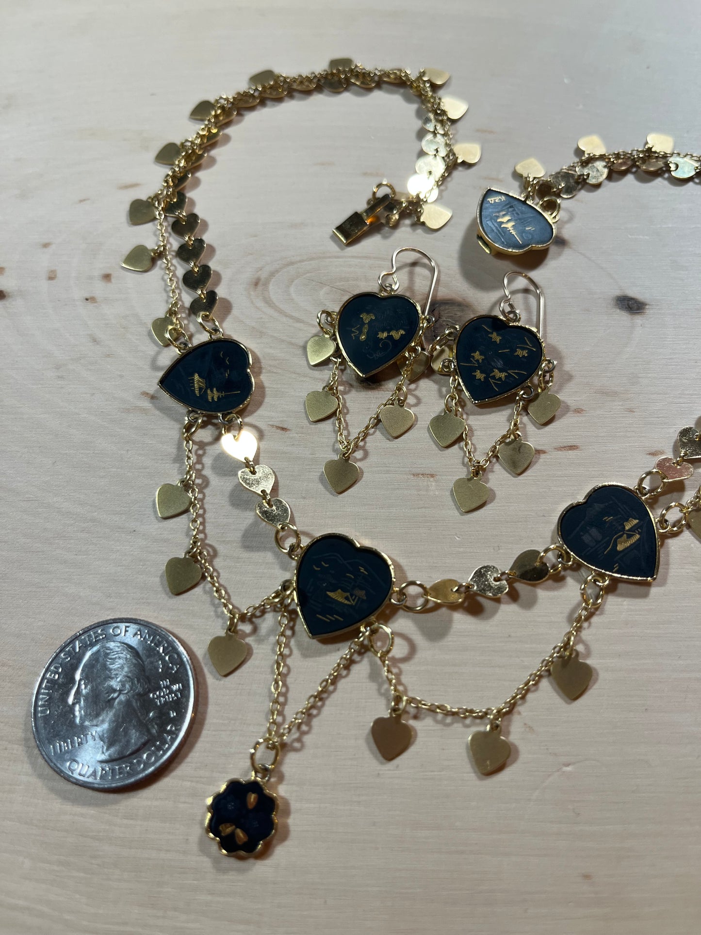 Vintage Japanese Black Heart and 24k Inlay Necklace and Earrings Set