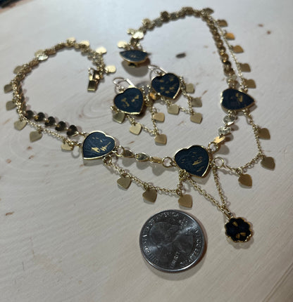 Vintage Japanese Black Heart and 24k Inlay Necklace and Earrings Set