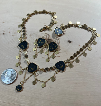 Vintage Japanese Black Heart and 24k Inlay Necklace and Earrings Set