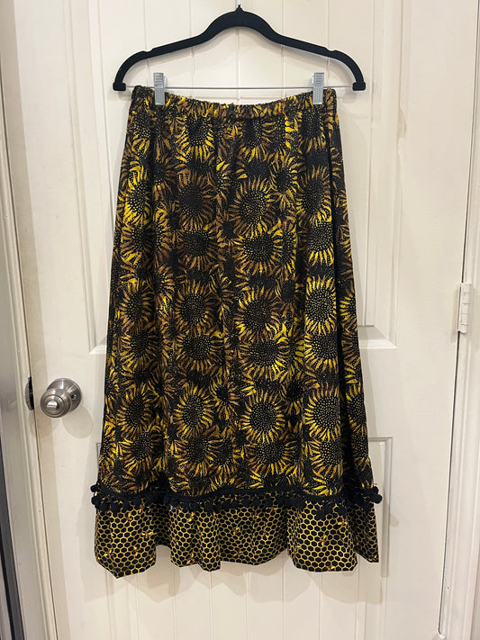 Sunflower Batiked Cotton Skirt with ruffle and pompom trim