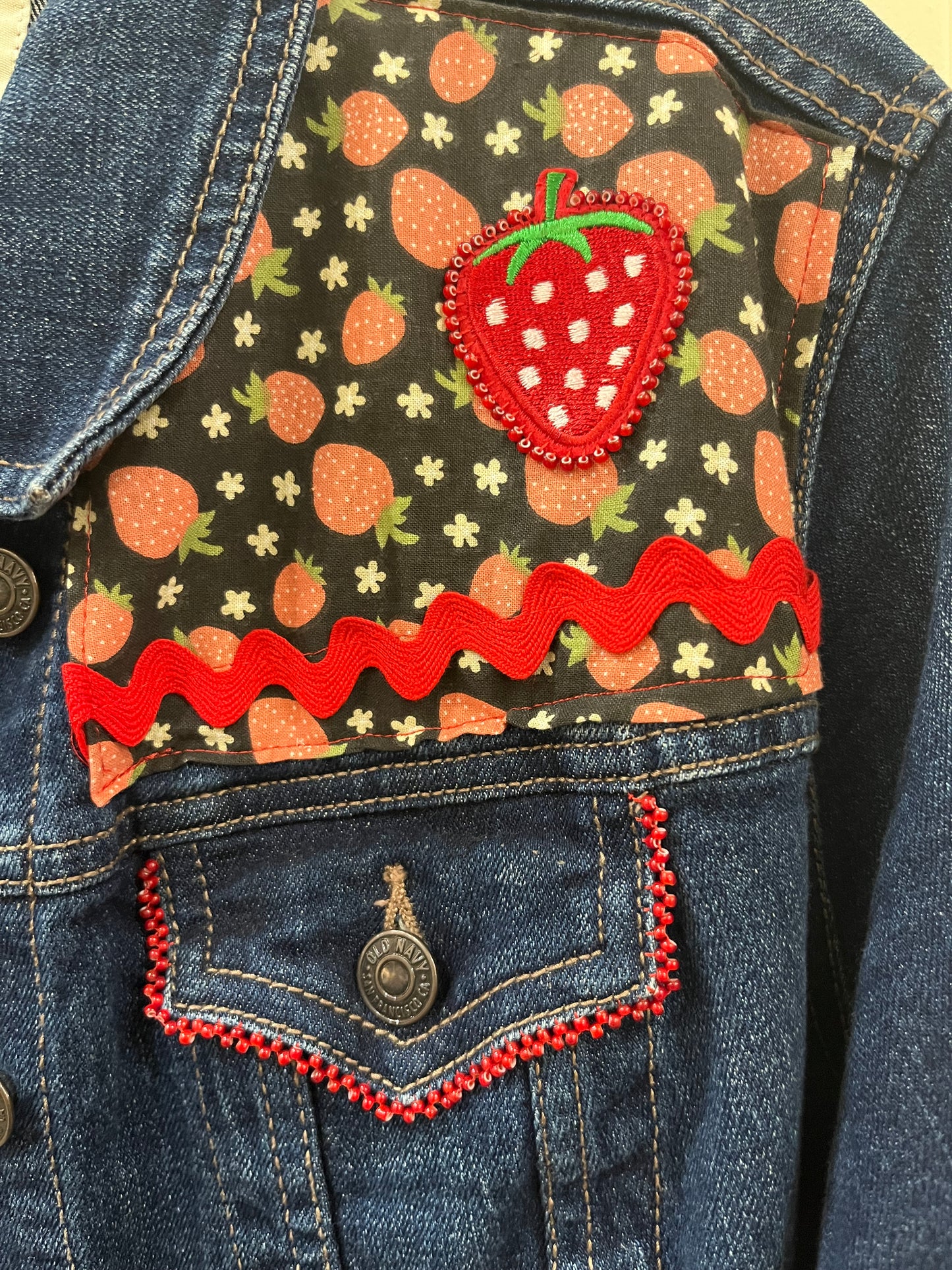 Strawberry Jean Jacket with beaded pockets