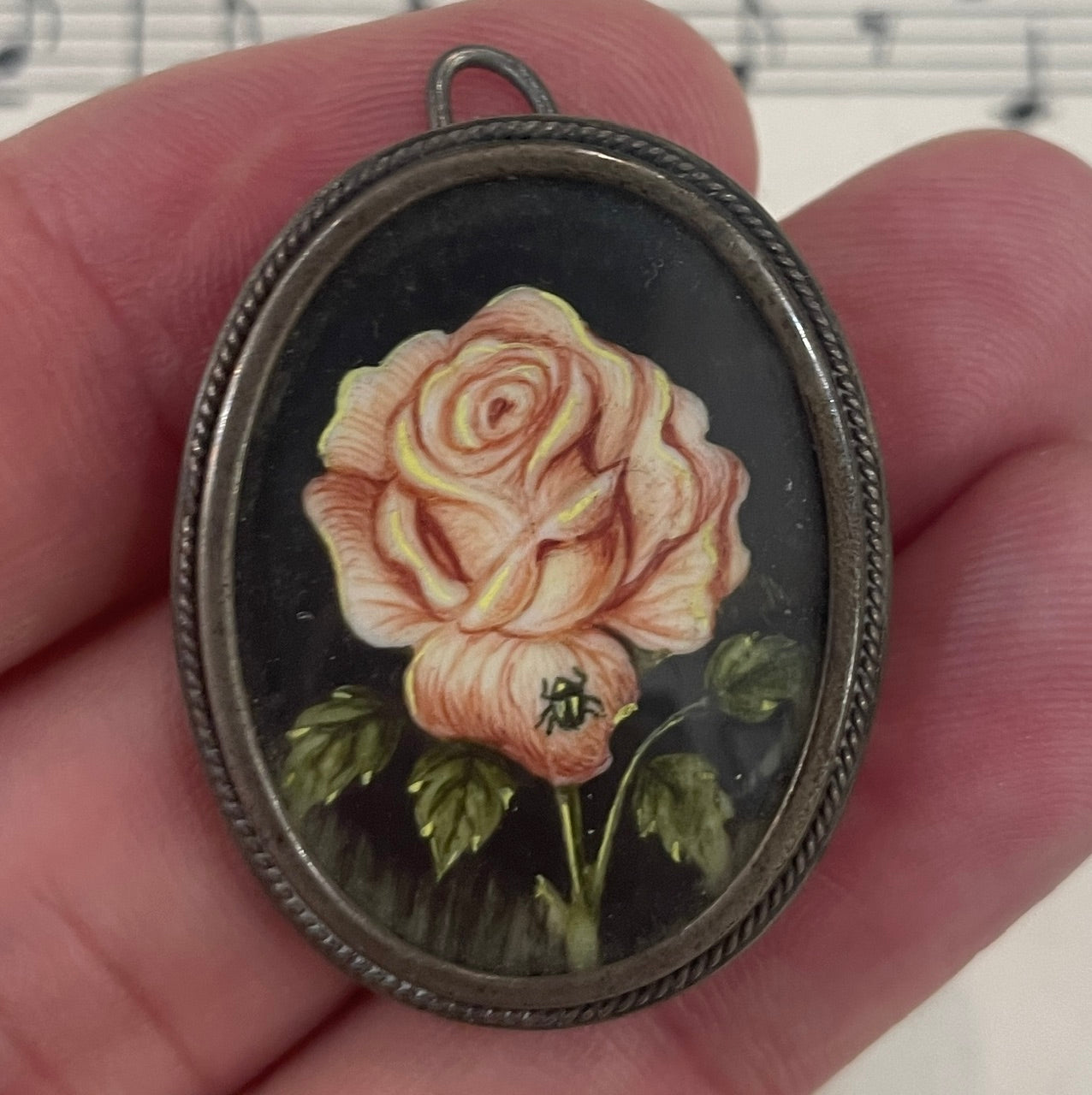 Rare Antique Silver 800 Art Nouveau Hand Painted Miniature Brooch Pendant Rose Insect c1900