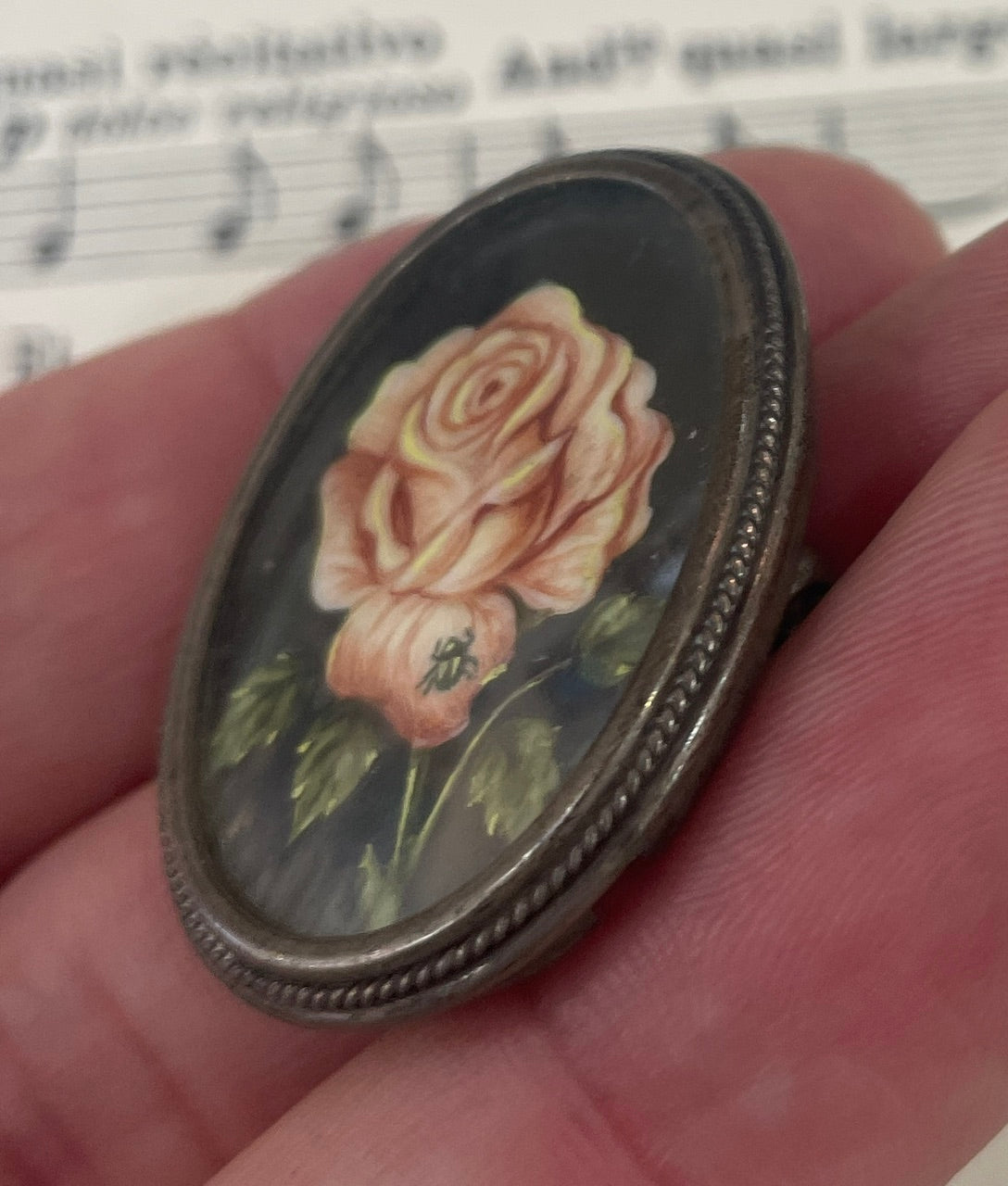 Rare Antique Silver 800 Art Nouveau Hand Painted Miniature Brooch Pendant Rose Insect c1900